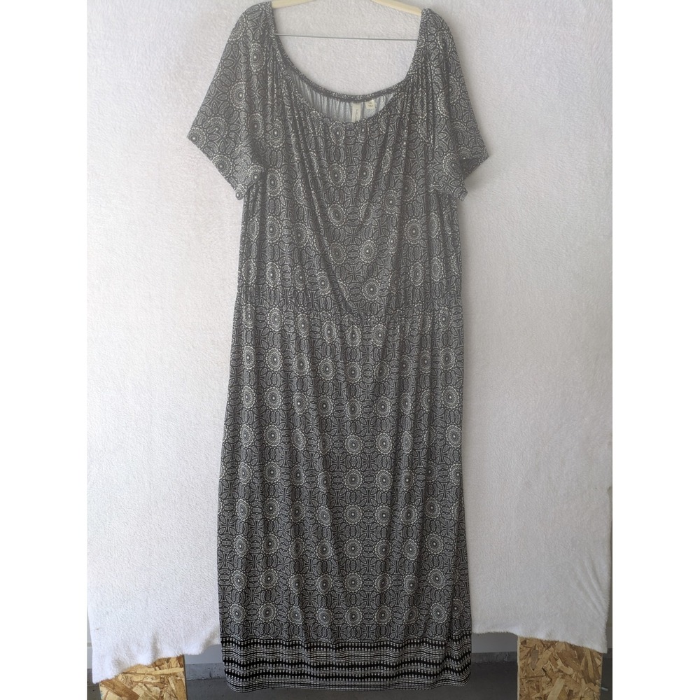 Tacera Maxi Dress Women's 3X Black White Medallion Print Elastic Waist